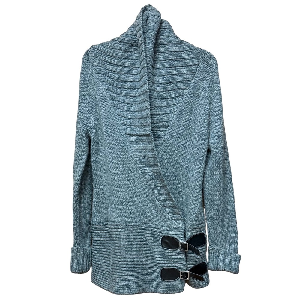 Moda International Wrap ShawlCollar Cardigan Women XS Gray Wool Blend Buckle Y2K